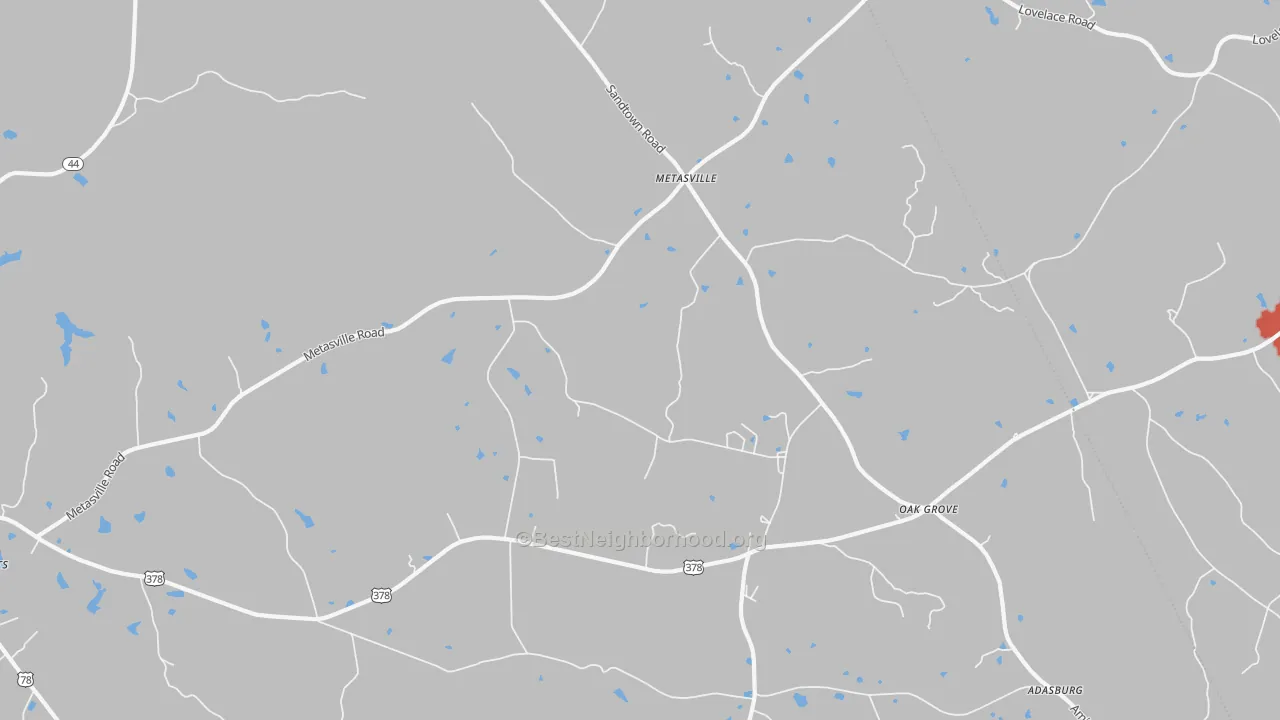Walk Grade map of Metasville, GA, walkable areas in green and car-dependent areas in red