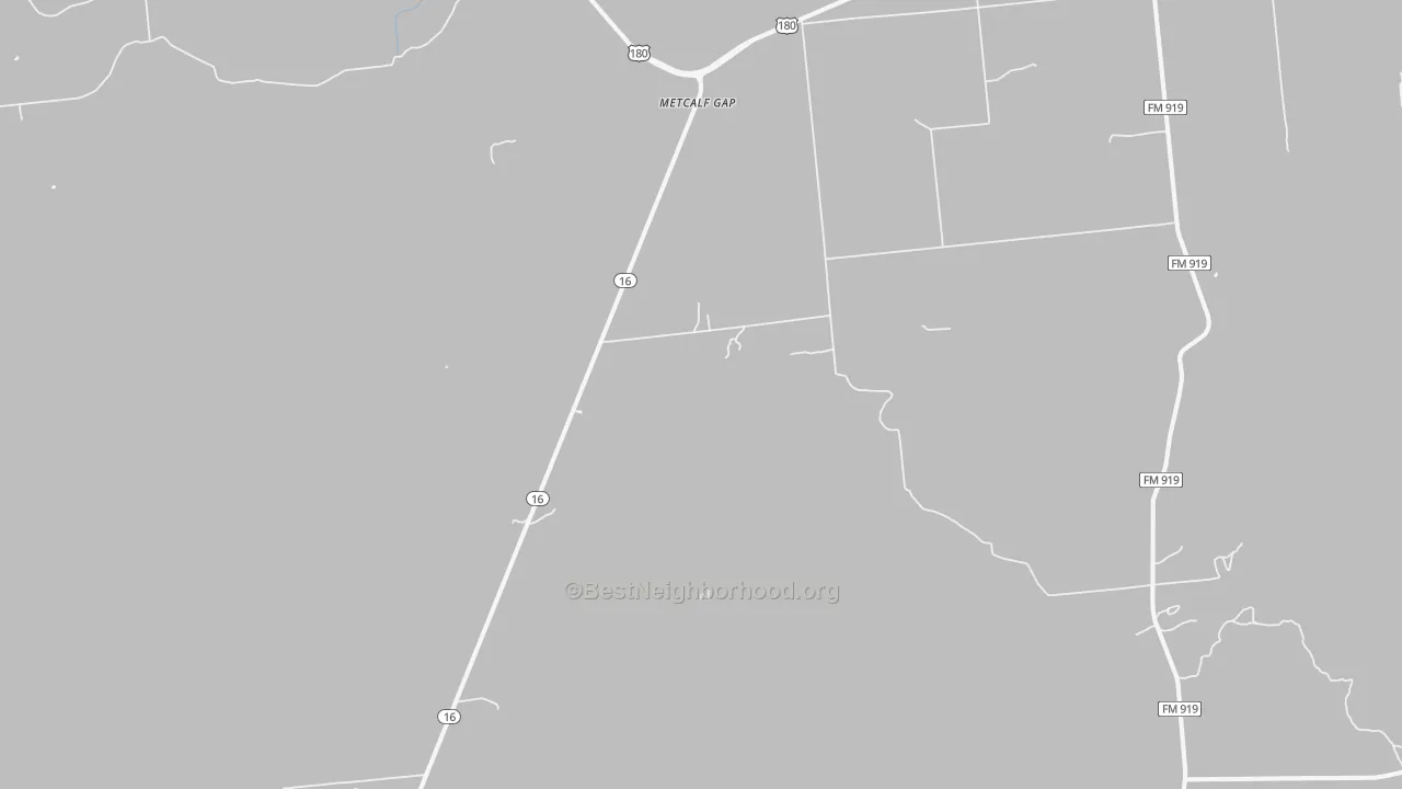 Walk Grade map of Metcalf Gap, TX, walkable areas in green and car-dependent areas in red