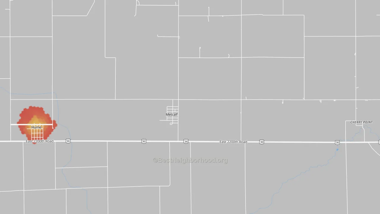Walk Grade map of Metcalf, IL, walkable areas in green and car-dependent areas in red