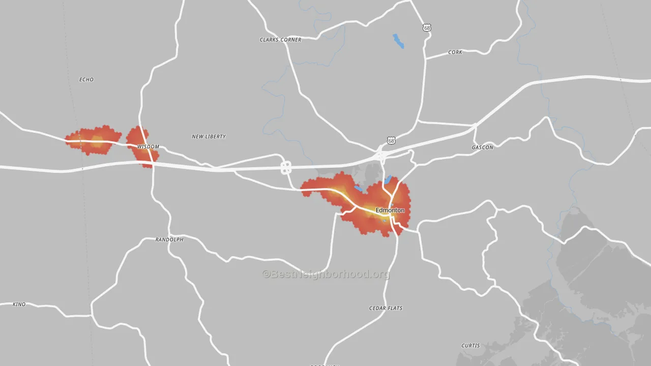 Walk Grade map of Metcalfe County, KY, walkable areas in green and car-dependent areas in red
