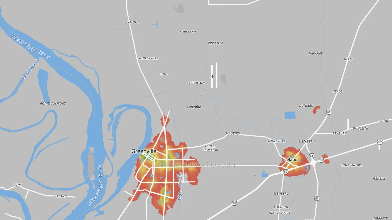 Walk Grade map of Metcalfe, MS, walkable areas in green and car-dependent areas in red