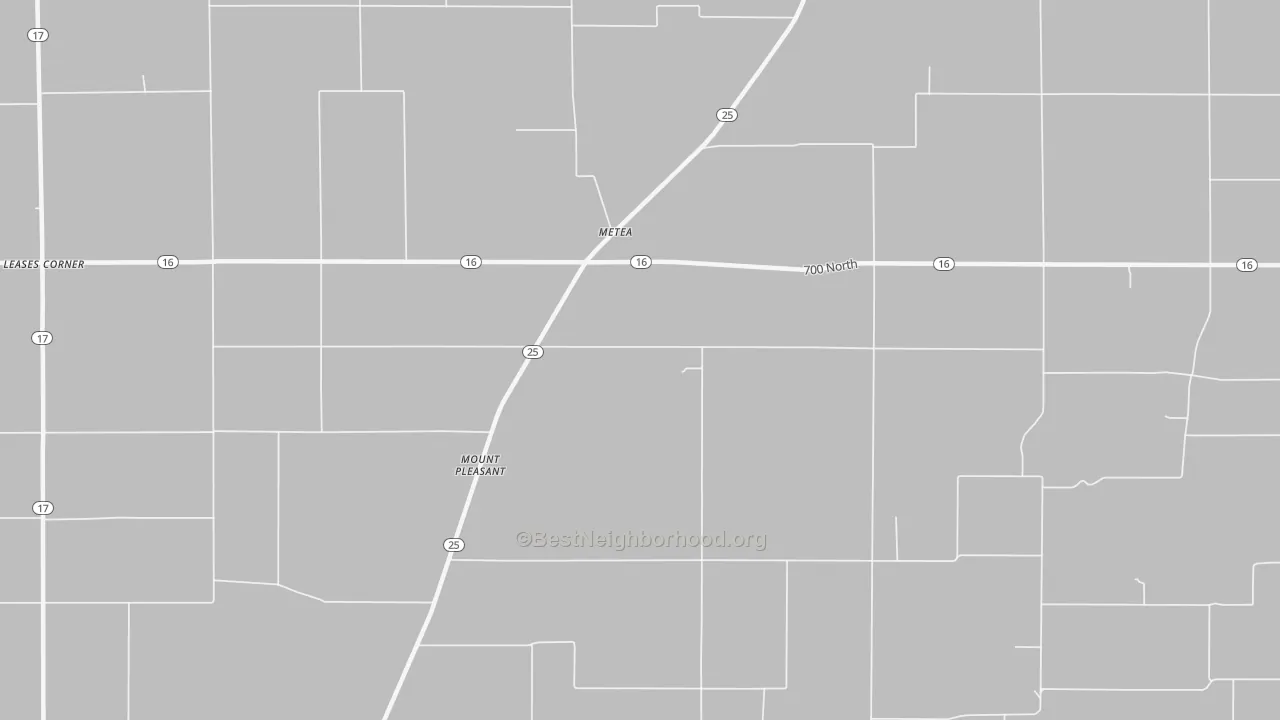 Walk Grade map of Metea, IN, walkable areas in green and car-dependent areas in red