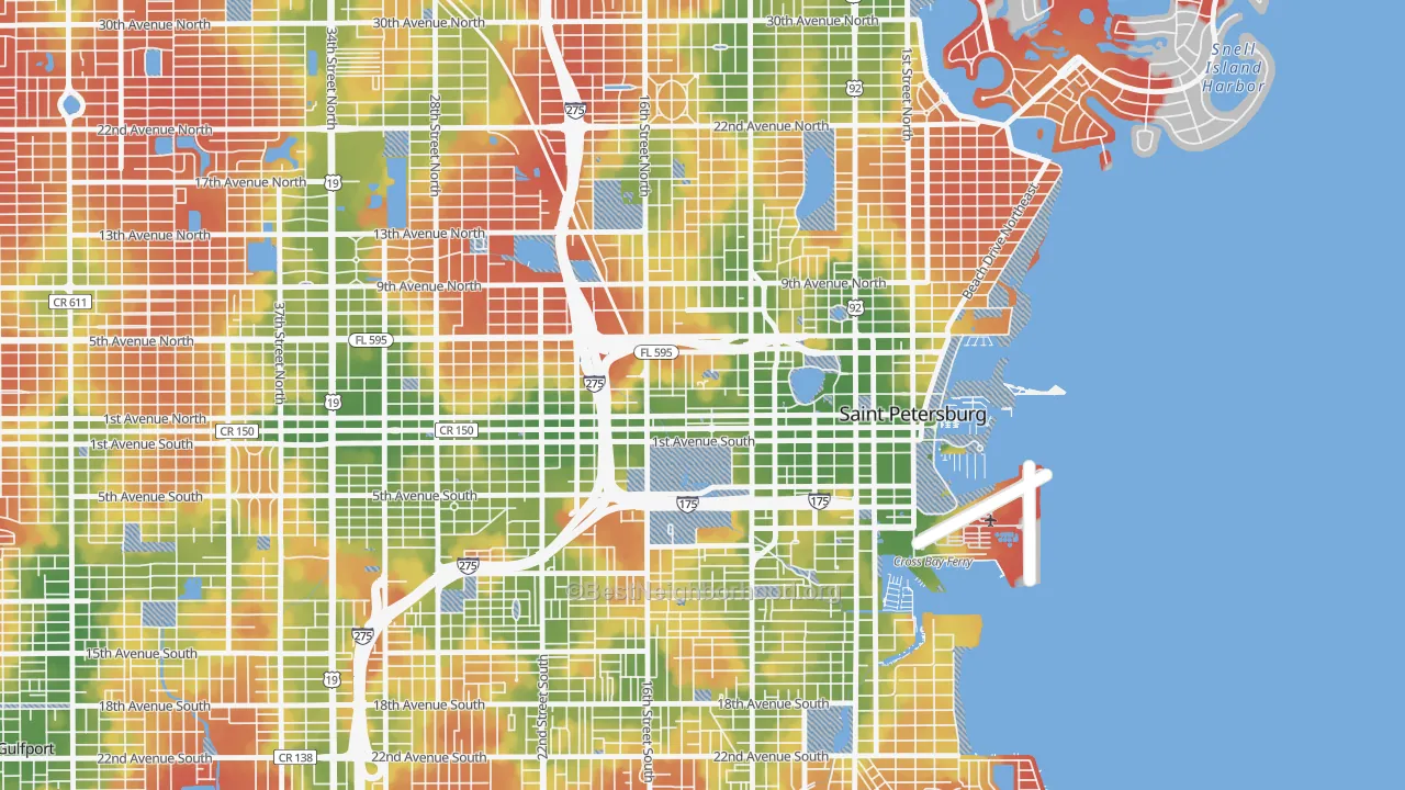 Walk Grade map of Methodist Town, St. Petersburg, FL, walkable areas in green and car-dependent areas in red