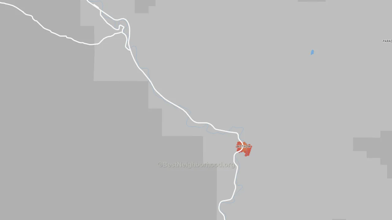 Walk Grade map of Methow, WA, walkable areas in green and car-dependent areas in red