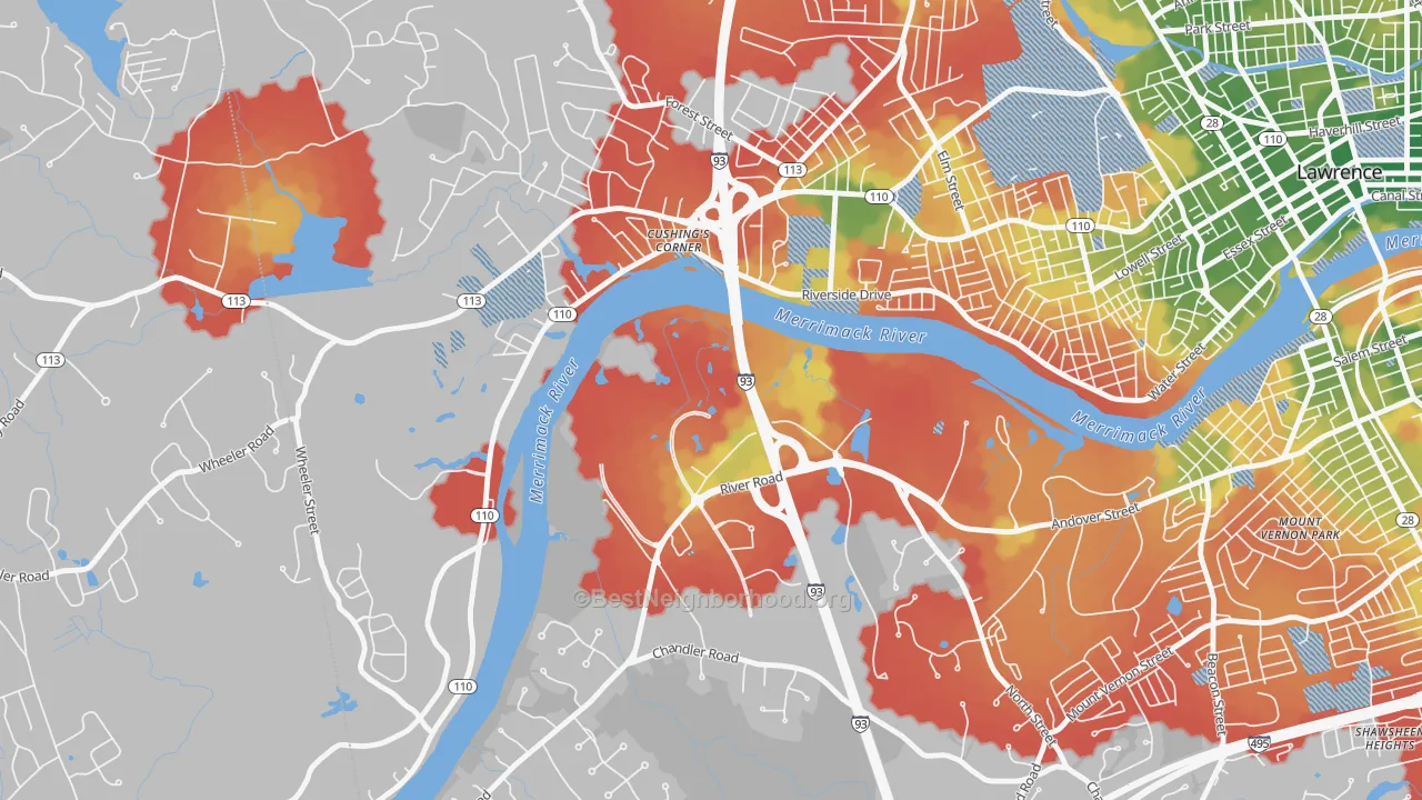 Walk Grade map of Methuen, MA, walkable areas in green and car-dependent areas in red