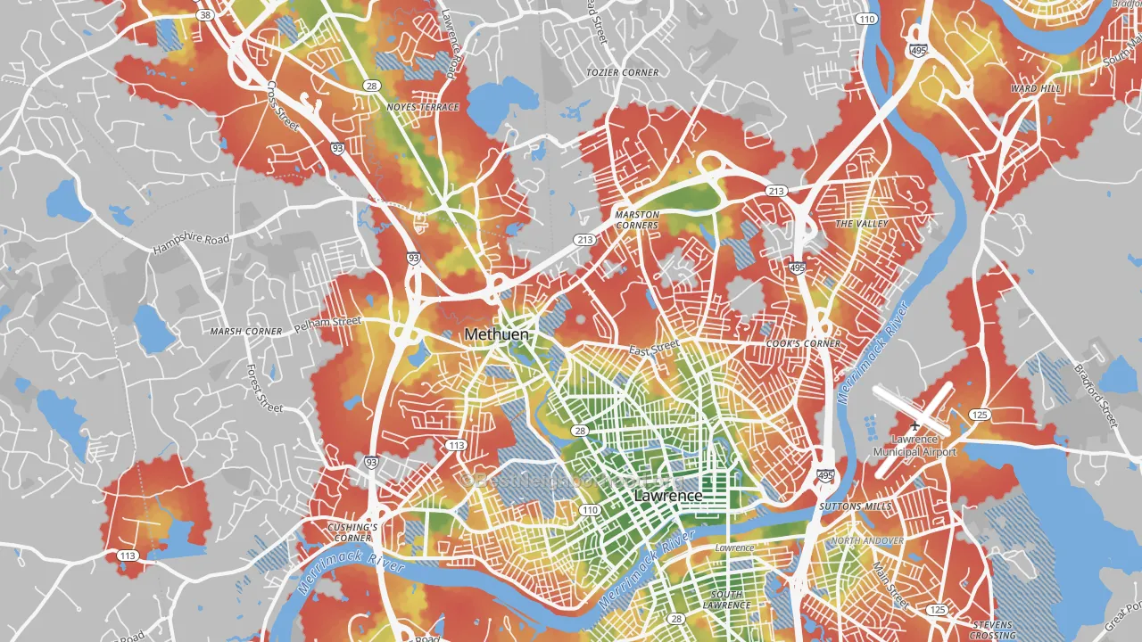 Walk Grade map of Methuen Town, MA, walkable areas in green and car-dependent areas in red