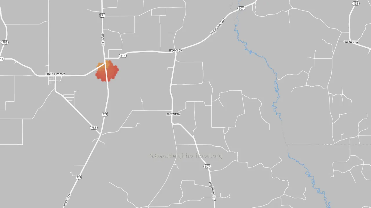 Walk Grade map of Methvin, LA, walkable areas in green and car-dependent areas in red
