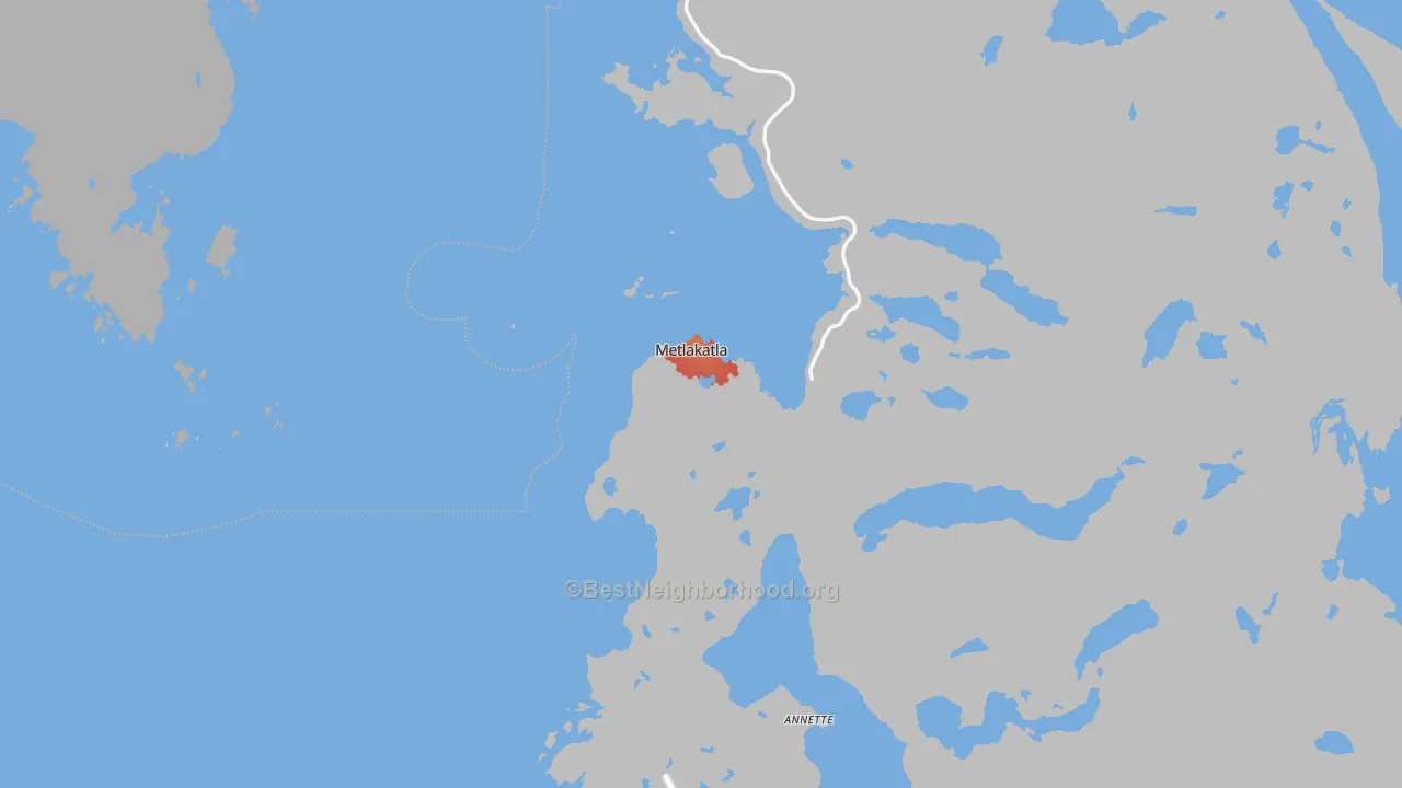 Walk Grade map of Metlakatla, AK, walkable areas in green and car-dependent areas in red