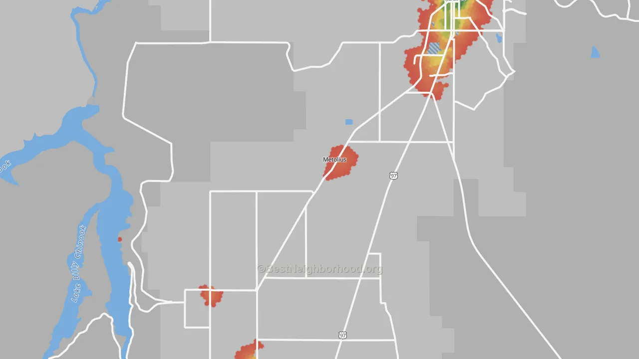 Walk Grade map of Metolius, OR, walkable areas in green and car-dependent areas in red