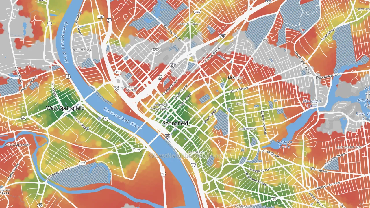 Walk Grade map of Metro Center, Springfield, MA, walkable areas in green and car-dependent areas in red