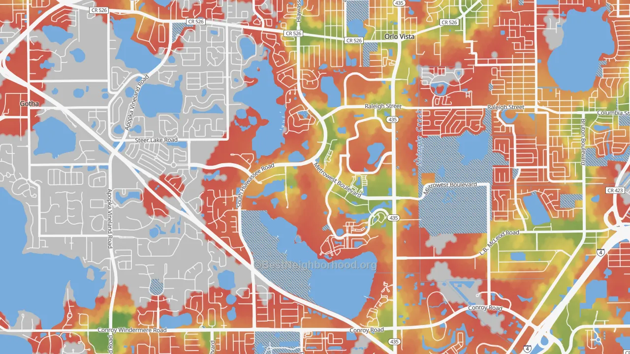 Walk Grade map of Metro West, Orlando, FL, walkable areas in green and car-dependent areas in red