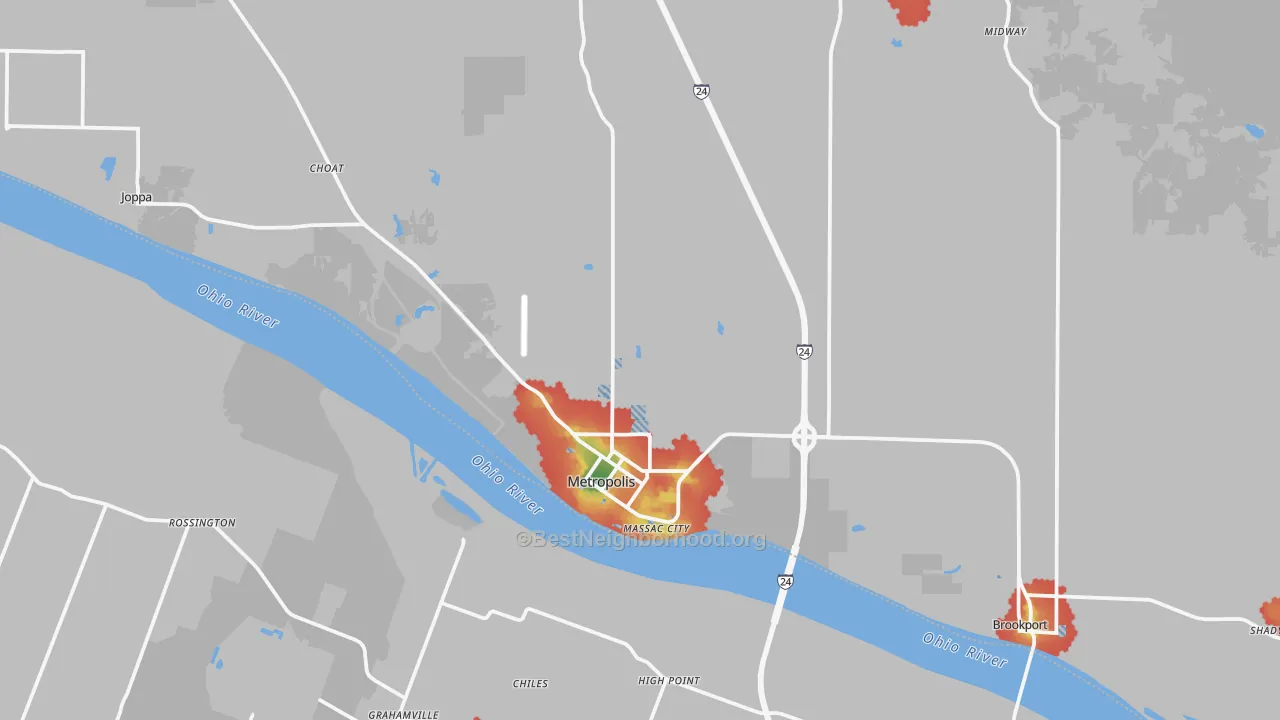 Walk Grade map of Metropolis, IL, walkable areas in green and car-dependent areas in red