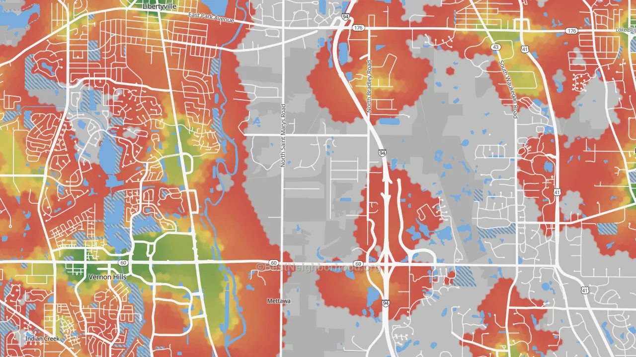 Walk Grade map of Mettawa, IL, walkable areas in green and car-dependent areas in red