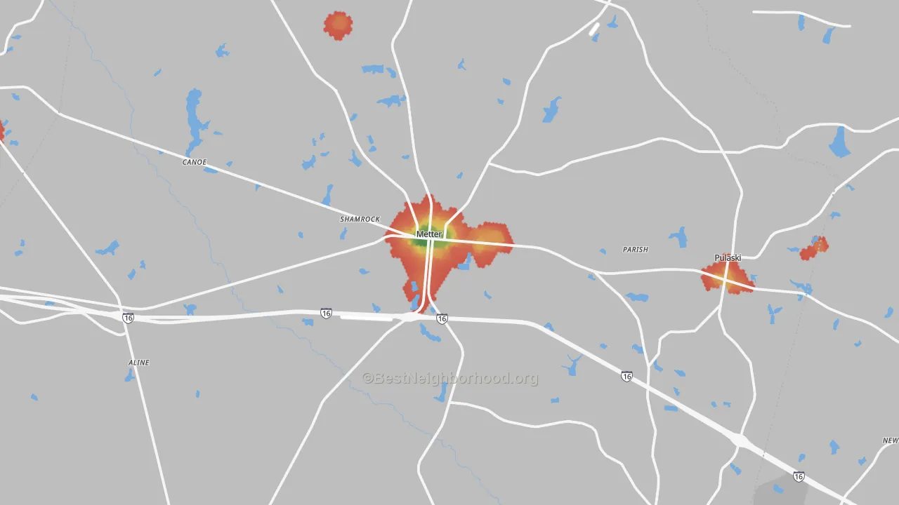 Walk Grade map of Metter, GA, walkable areas in green and car-dependent areas in red