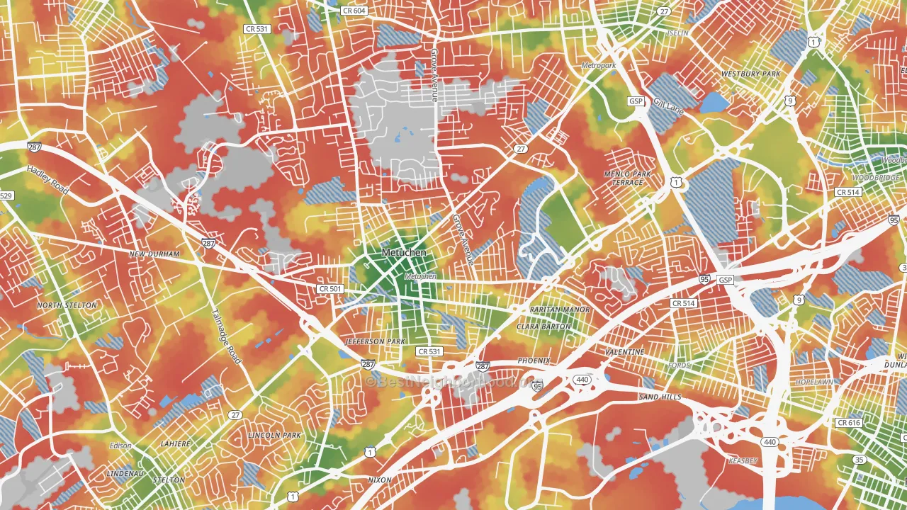 Walk Grade map of Metuchen, NJ, walkable areas in green and car-dependent areas in red