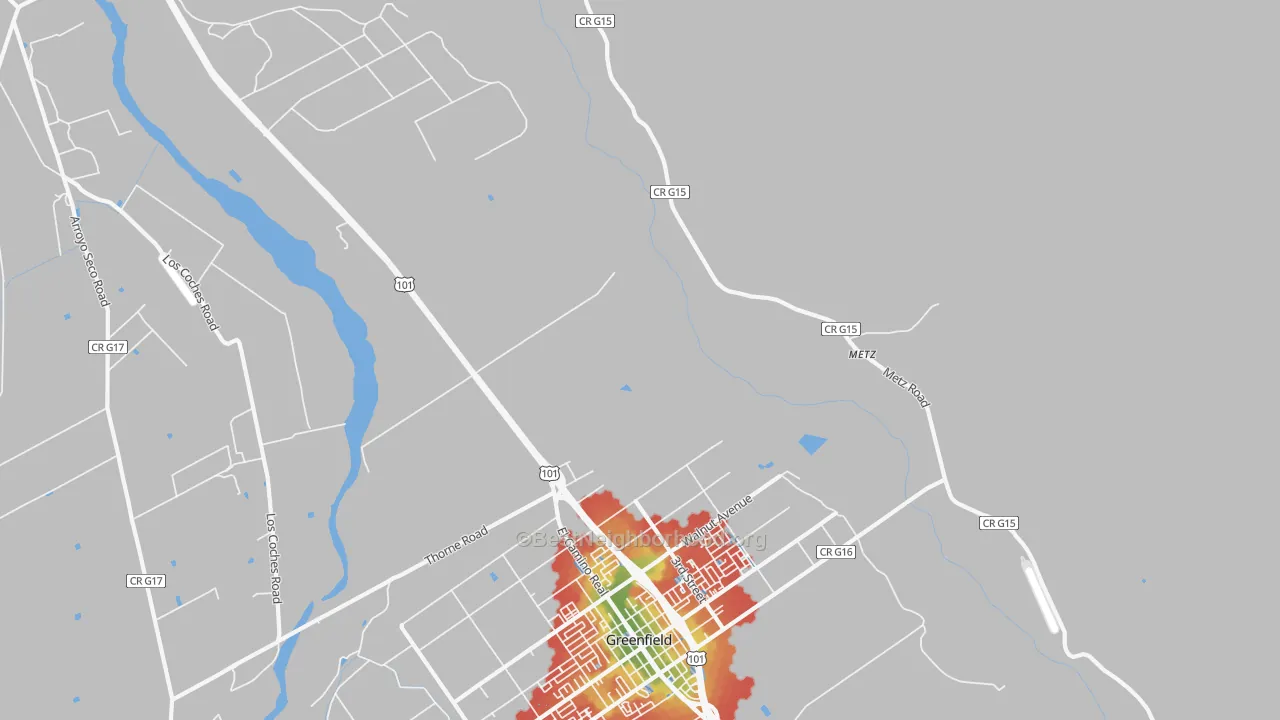 Walk Grade map of Metz, CA, walkable areas in green and car-dependent areas in red