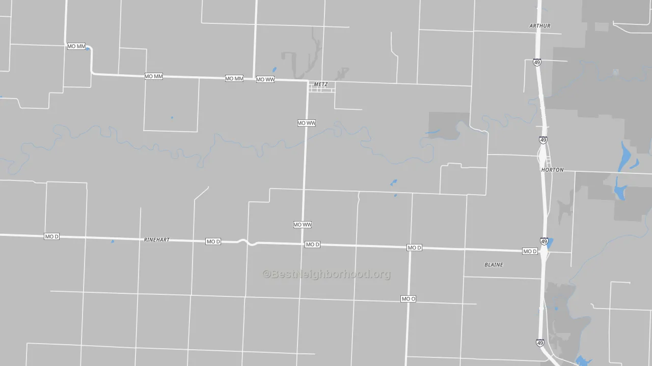 Walk Grade map of Metz, MO, walkable areas in green and car-dependent areas in red