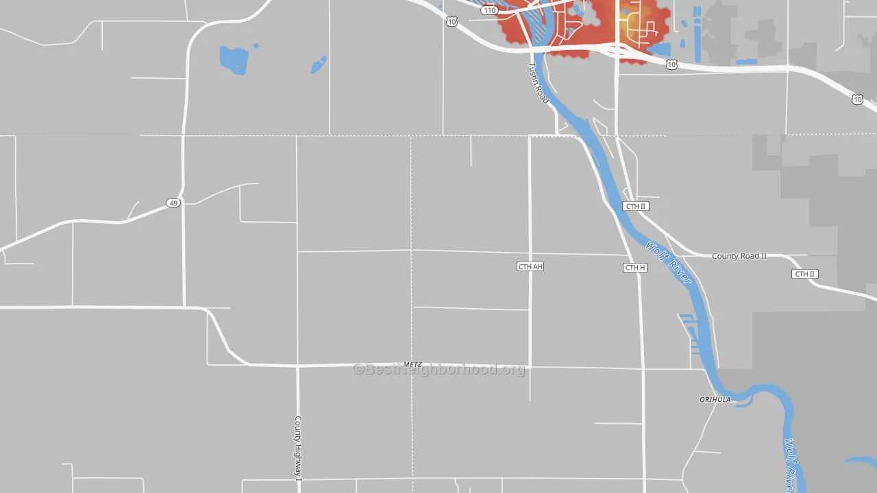 Walk Grade map of Metz, WI, walkable areas in green and car-dependent areas in red