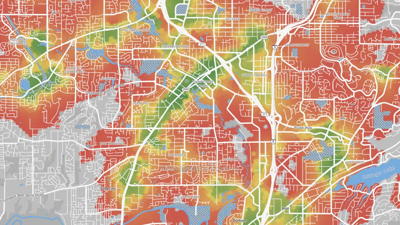Walk Grade map of Metzger, Tigard, OR, walkable areas in green and car-dependent areas in red