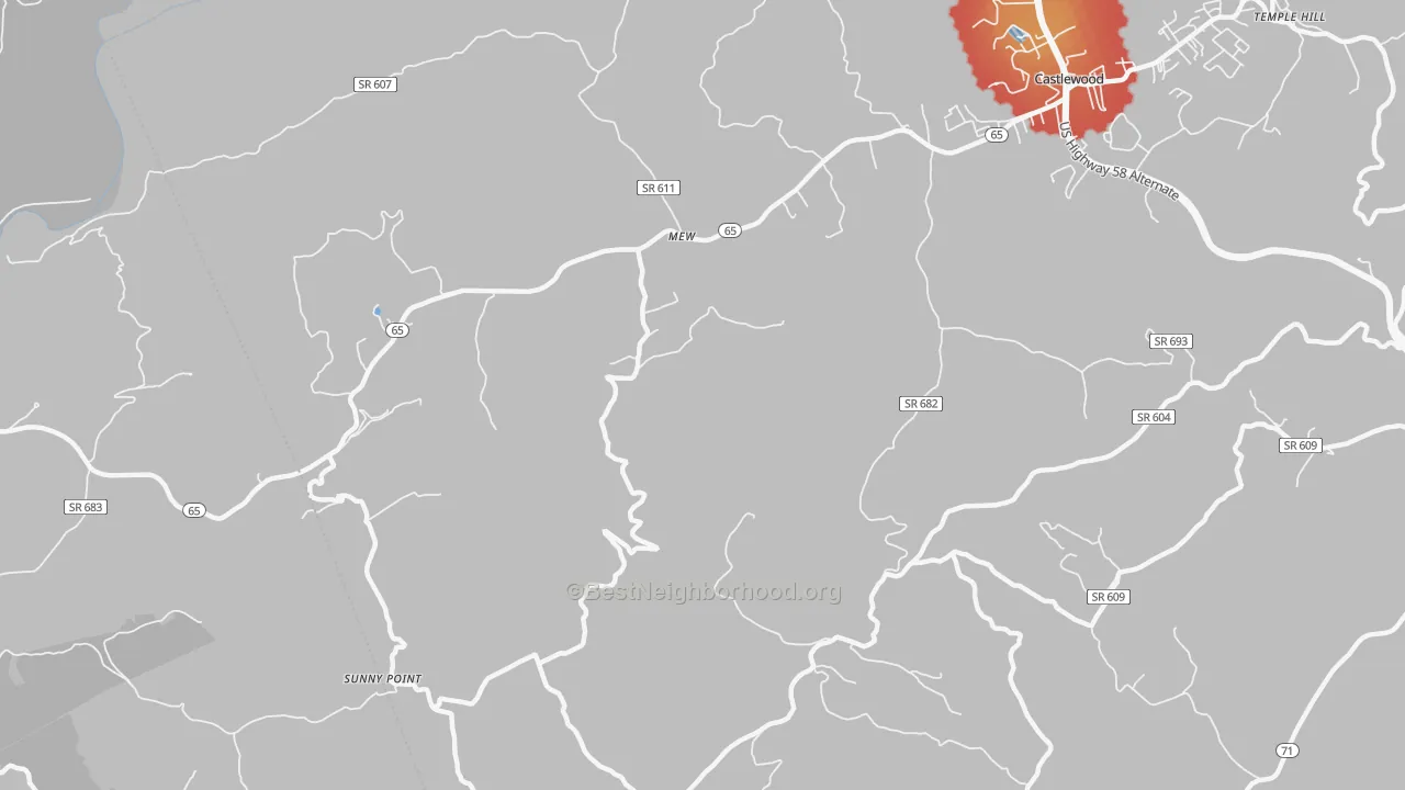 Walk Grade map of Mew, VA, walkable areas in green and car-dependent areas in red