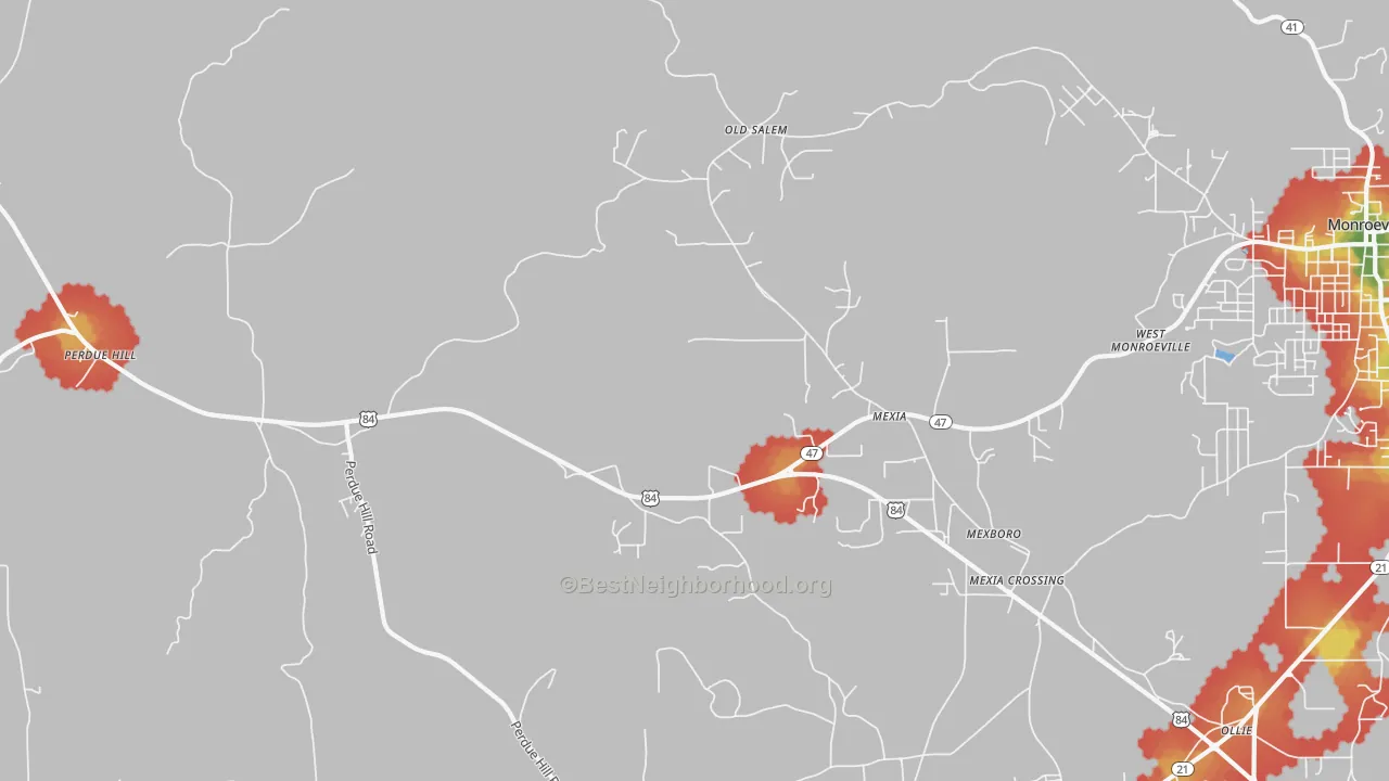 Walk Grade map of Mexia, AL, walkable areas in green and car-dependent areas in red