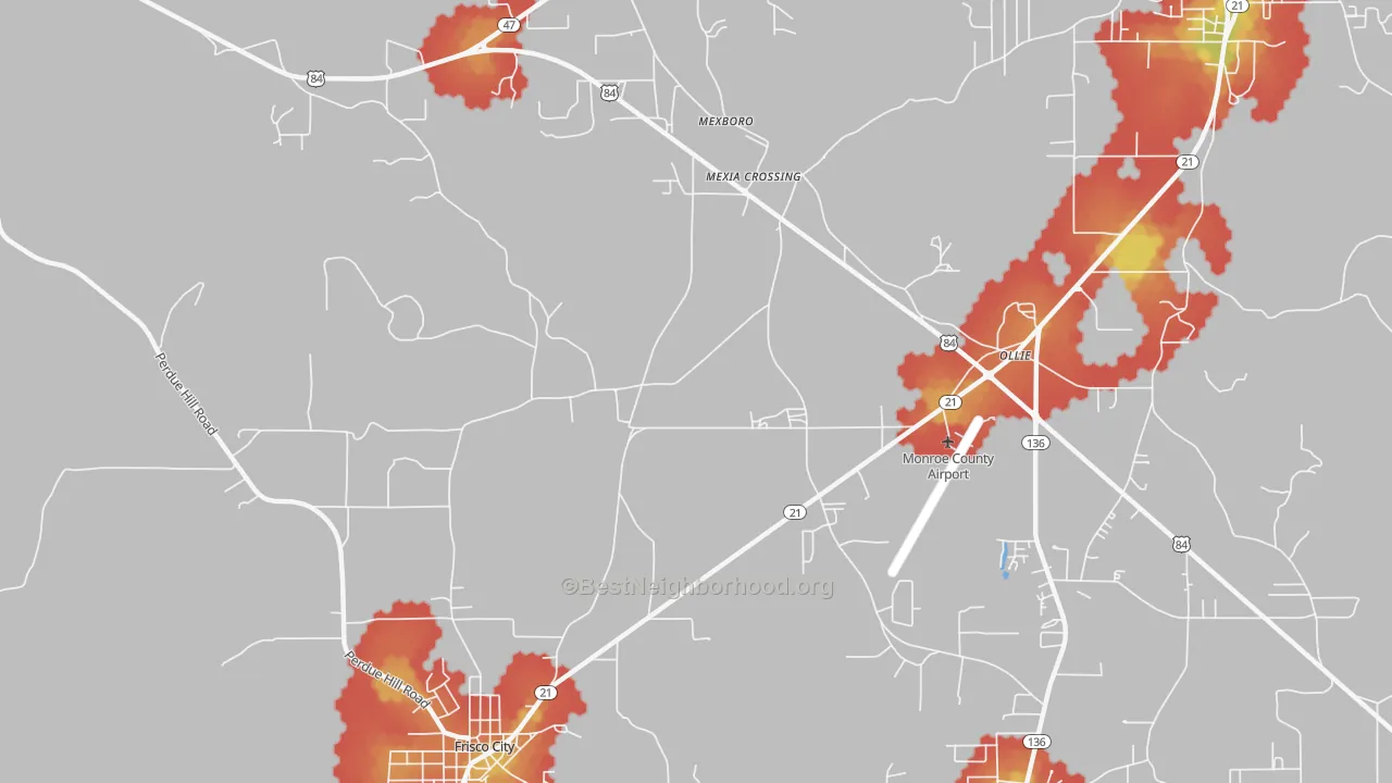 Walk Grade map of Mexia Crossing, AL, walkable areas in green and car-dependent areas in red