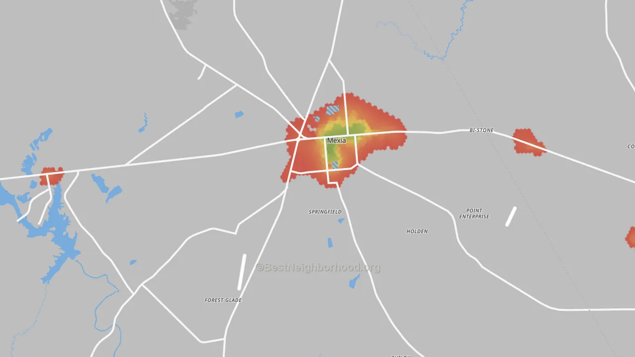 Walk Grade map of Mexia, TX, walkable areas in green and car-dependent areas in red