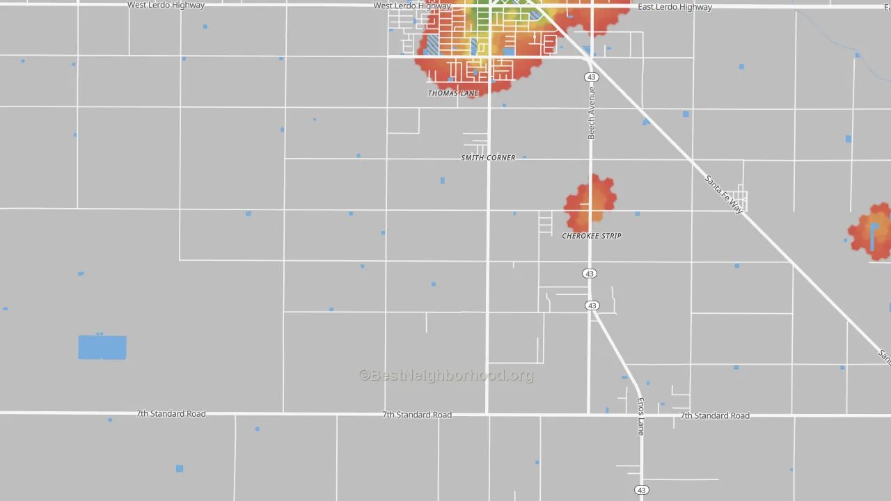 Walk Grade map of Mexican Colony, CA, walkable areas in green and car-dependent areas in red