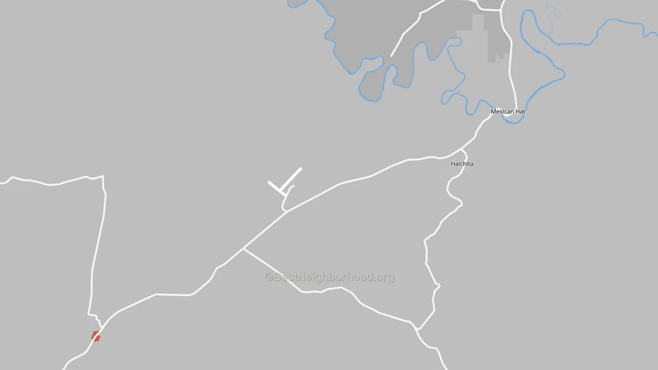 Walk Grade map of Mexican Hat, UT, walkable areas in green and car-dependent areas in red