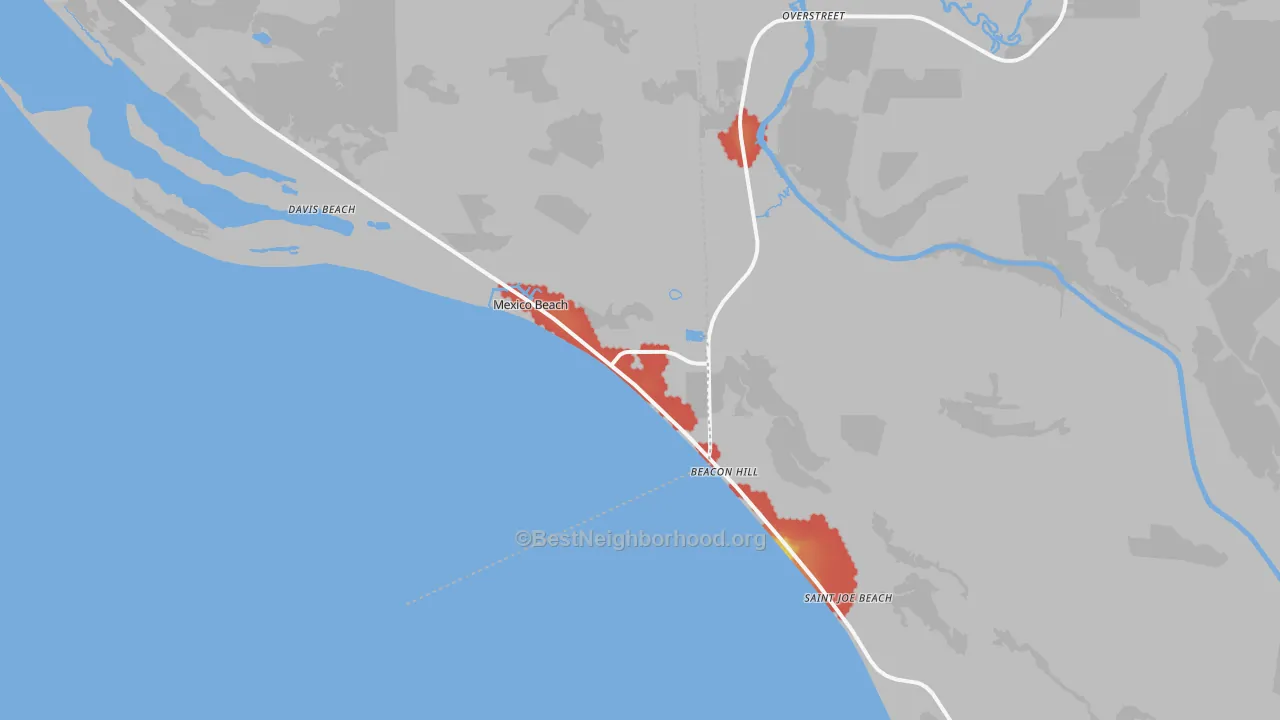 Walk Grade map of Mexico Beach, FL, walkable areas in green and car-dependent areas in red