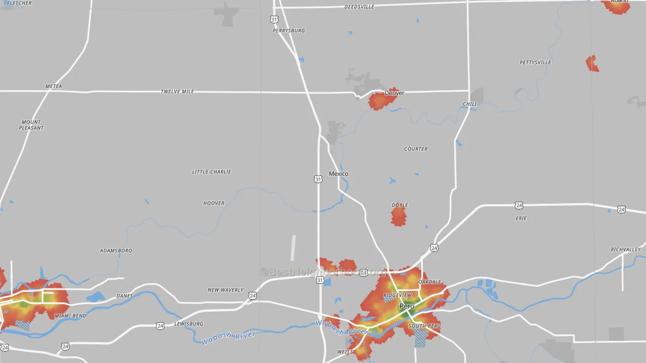 Walk Grade map of Mexico, IN, walkable areas in green and car-dependent areas in red
