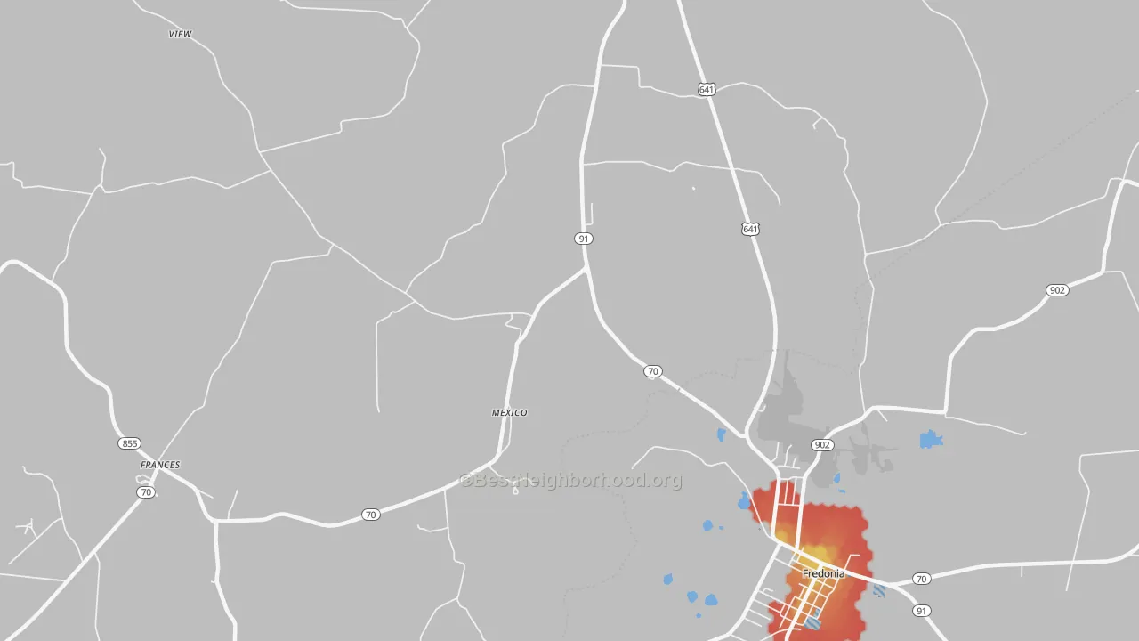 Walk Grade map of Mexico, KY, walkable areas in green and car-dependent areas in red