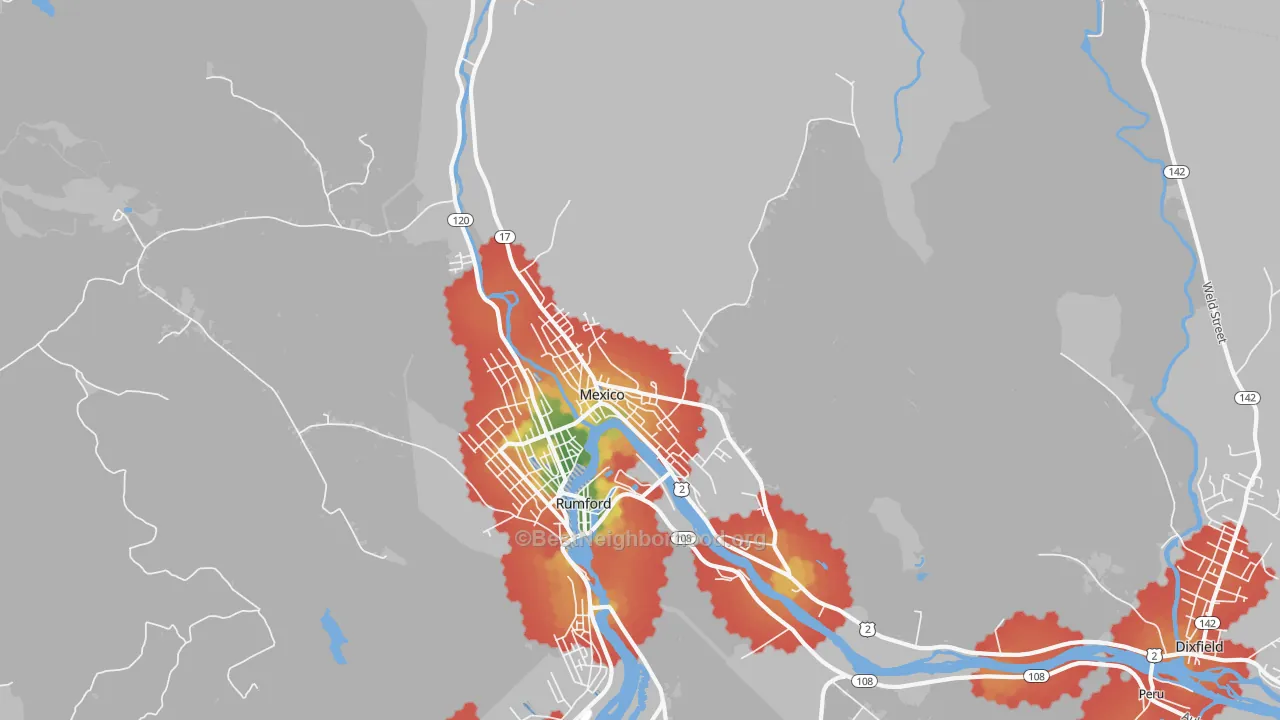Walk Grade map of Mexico, ME, walkable areas in green and car-dependent areas in red