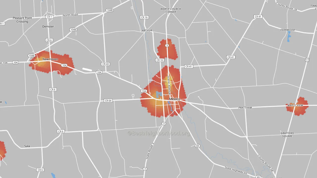 Walk Grade map of Mexico, NY, walkable areas in green and car-dependent areas in red