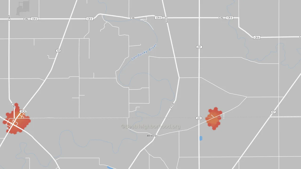 Walk Grade map of Mexico, OH, walkable areas in green and car-dependent areas in red