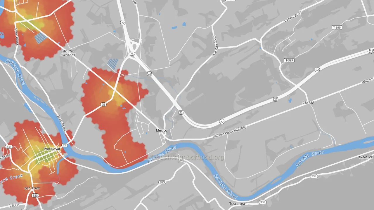 Walk Grade map of Mexico, PA, walkable areas in green and car-dependent areas in red
