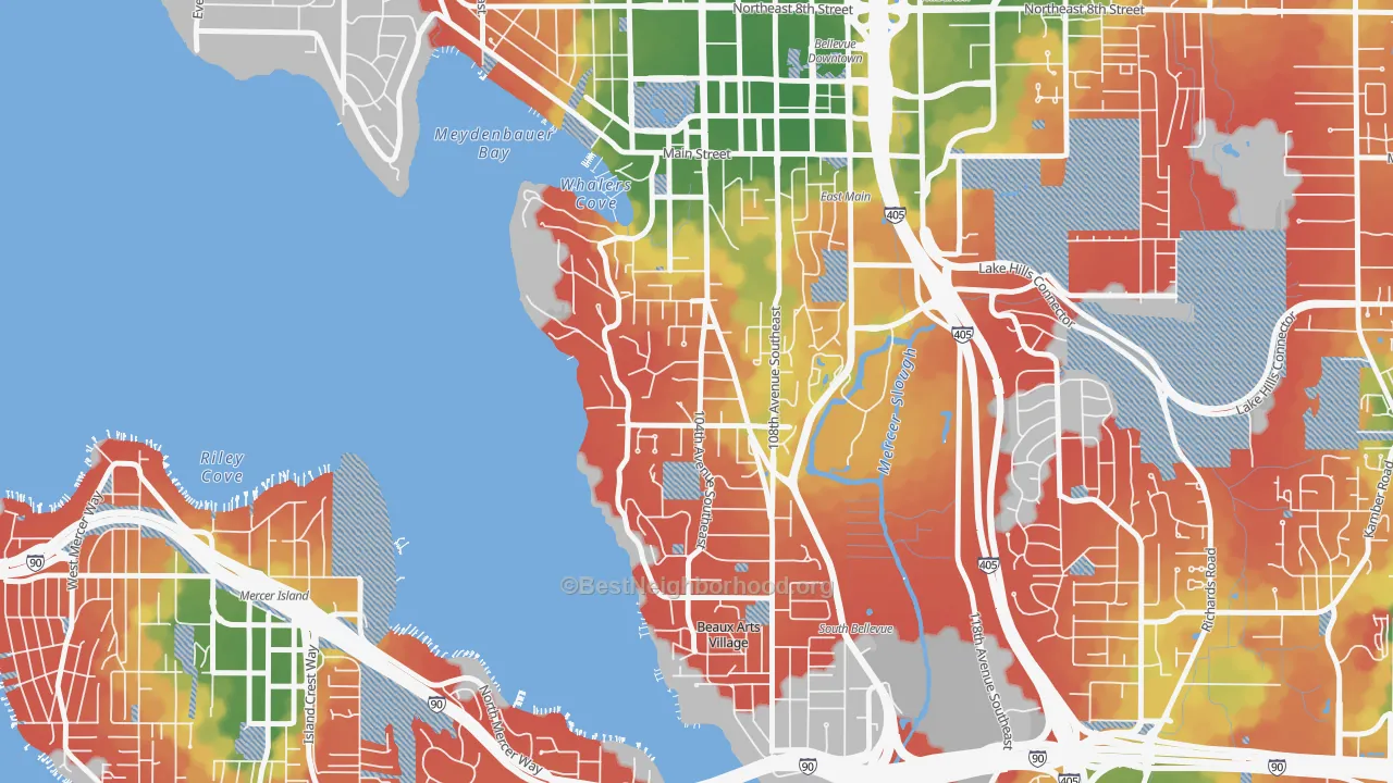 Walk Grade map of Meydenbauer, Bellevue, WA, walkable areas in green and car-dependent areas in red