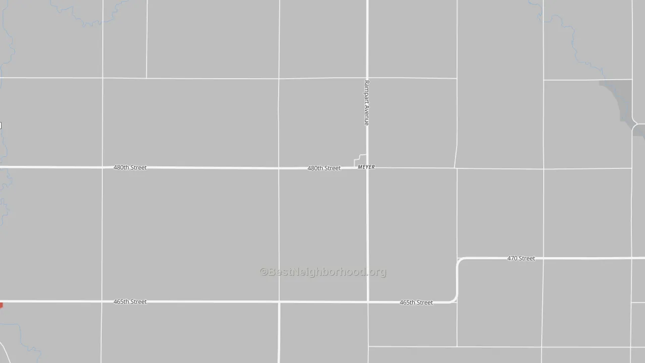 Walk Grade map of Meyer, IA, walkable areas in green and car-dependent areas in red