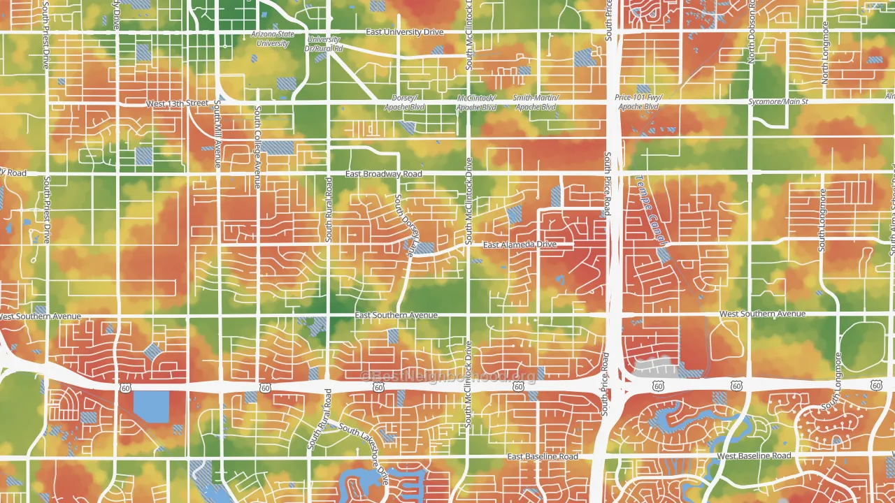 Walk Grade map of Meyer Park, Tempe, AZ, walkable areas in green and car-dependent areas in red