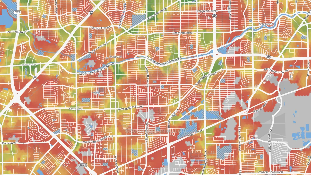 Walk Grade map of Meyerland, Houston, TX, walkable areas in green and car-dependent areas in red