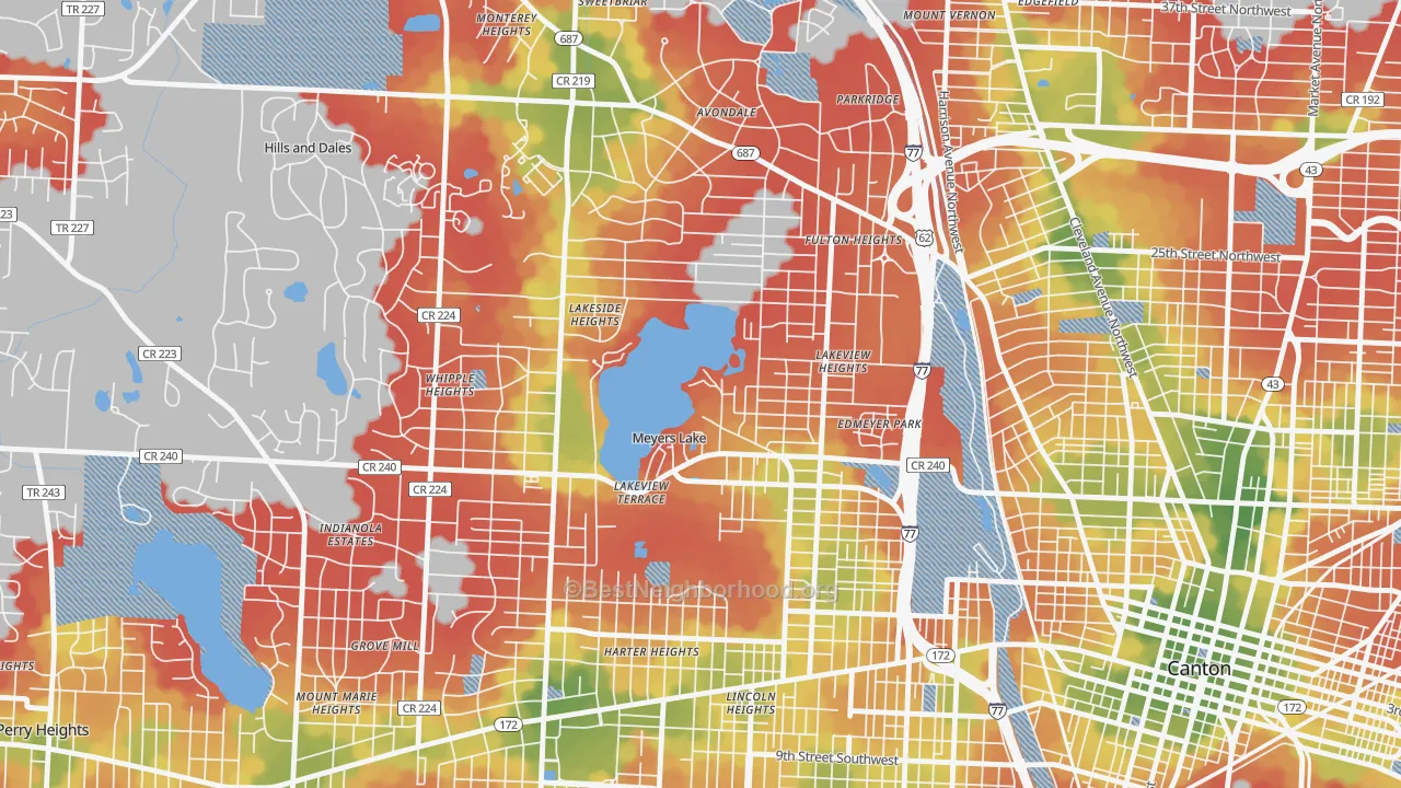 Walk Grade map of Meyers Lake, OH, walkable areas in green and car-dependent areas in red