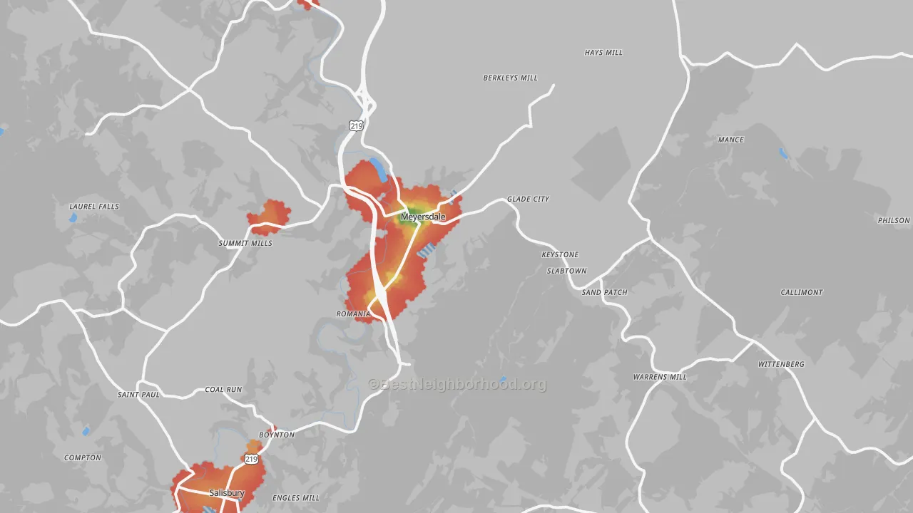 Walk Grade map of Meyersdale, PA, walkable areas in green and car-dependent areas in red