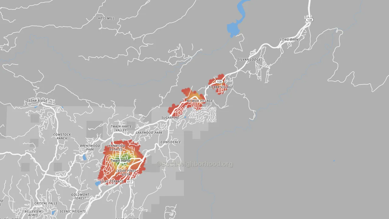 Walk Grade map of Mi-Wuk Village, CA, walkable areas in green and car-dependent areas in red