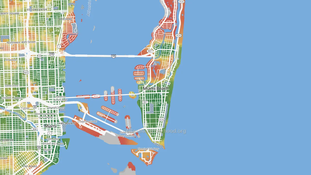 Walk Grade map of Miami Beach, FL, walkable areas in green and car-dependent areas in red