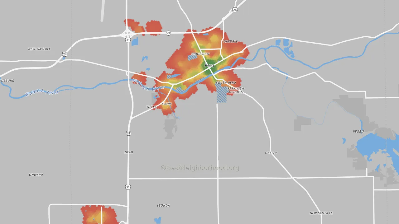 Walk Grade map of Miami County, IN, walkable areas in green and car-dependent areas in red