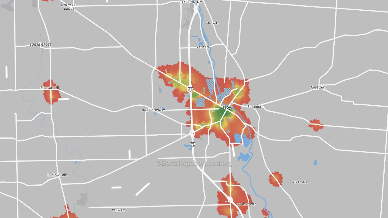 Walk Grade map of Miami County, OH, walkable areas in green and car-dependent areas in red