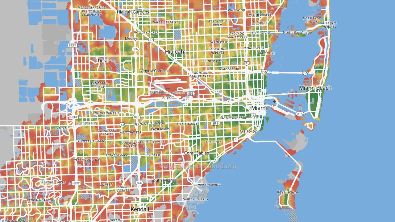 Walk Grade map of Miami, FL, walkable areas in green and car-dependent areas in red