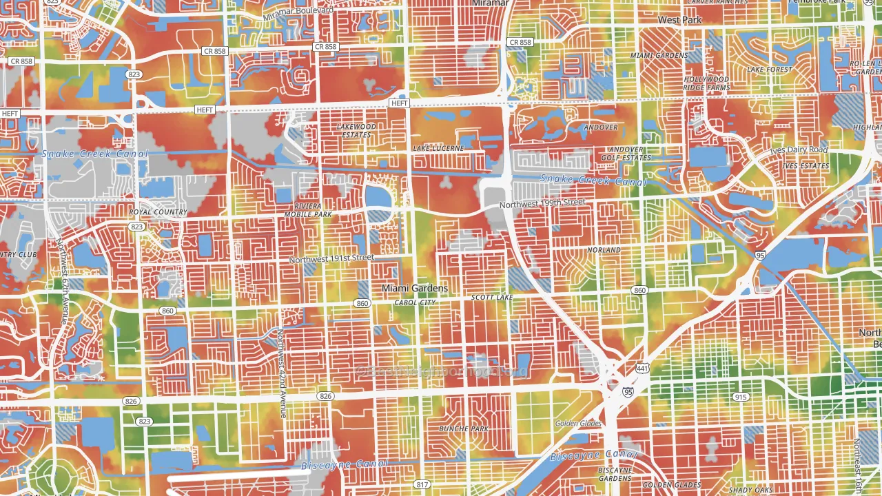 Walk Grade map of Miami Gardens, FL, walkable areas in green and car-dependent areas in red