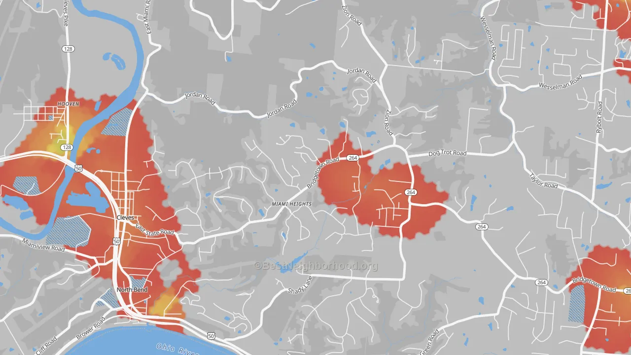 Walk Grade map of Miami Heights, OH, walkable areas in green and car-dependent areas in red