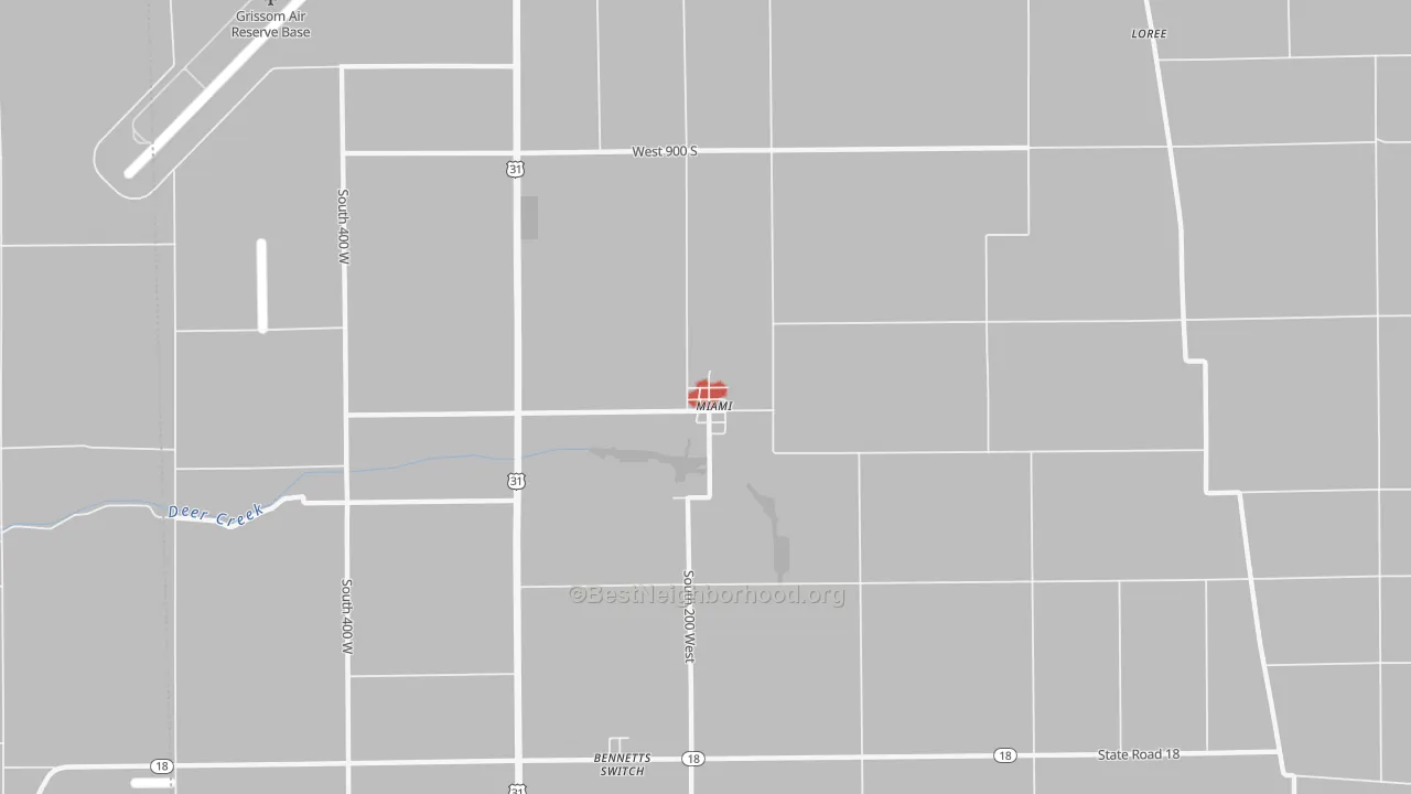 Walk Grade map of Miami, IN, walkable areas in green and car-dependent areas in red